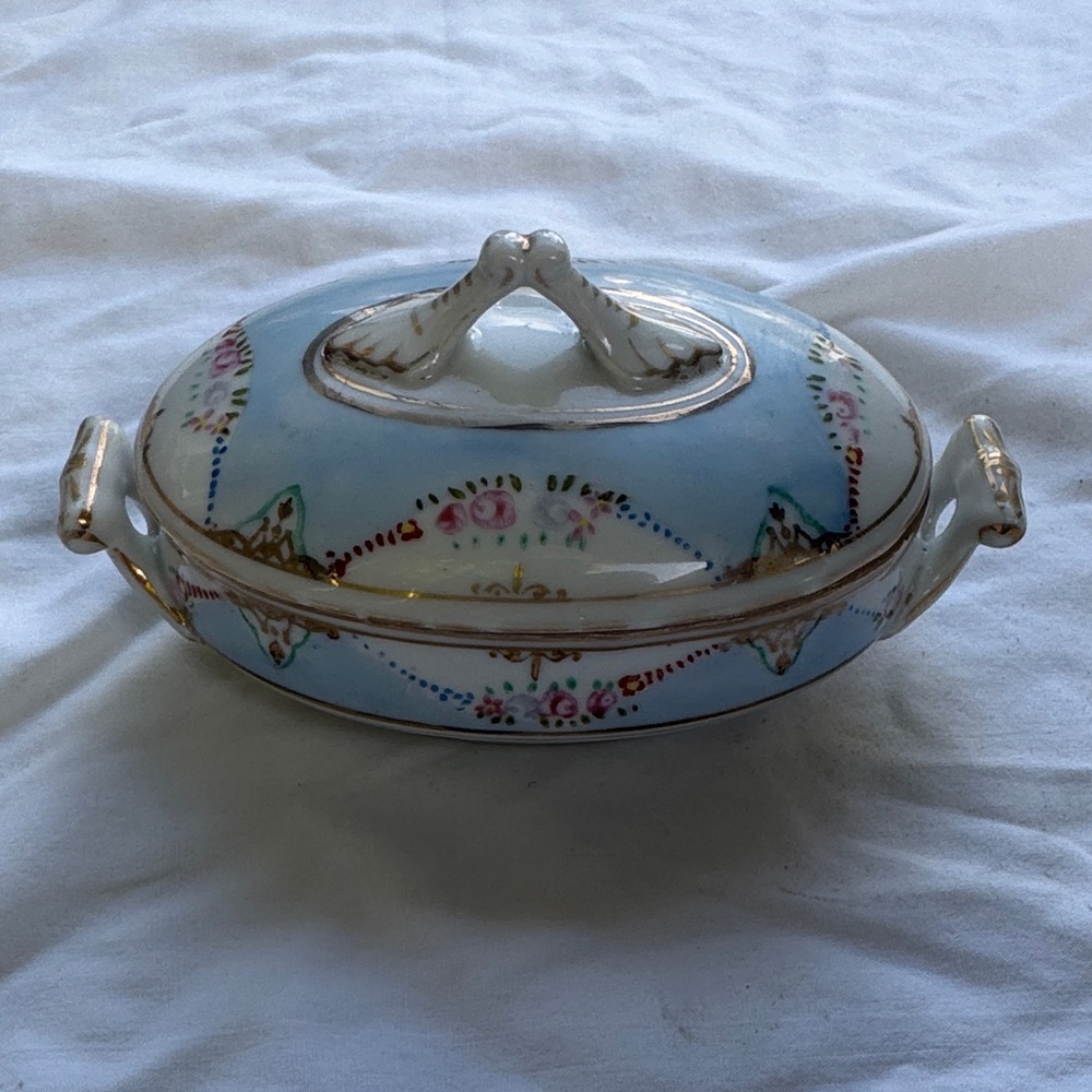Vintage Shofu Porcelain China Miniature Covered Dish HandPainted Occupied Japan